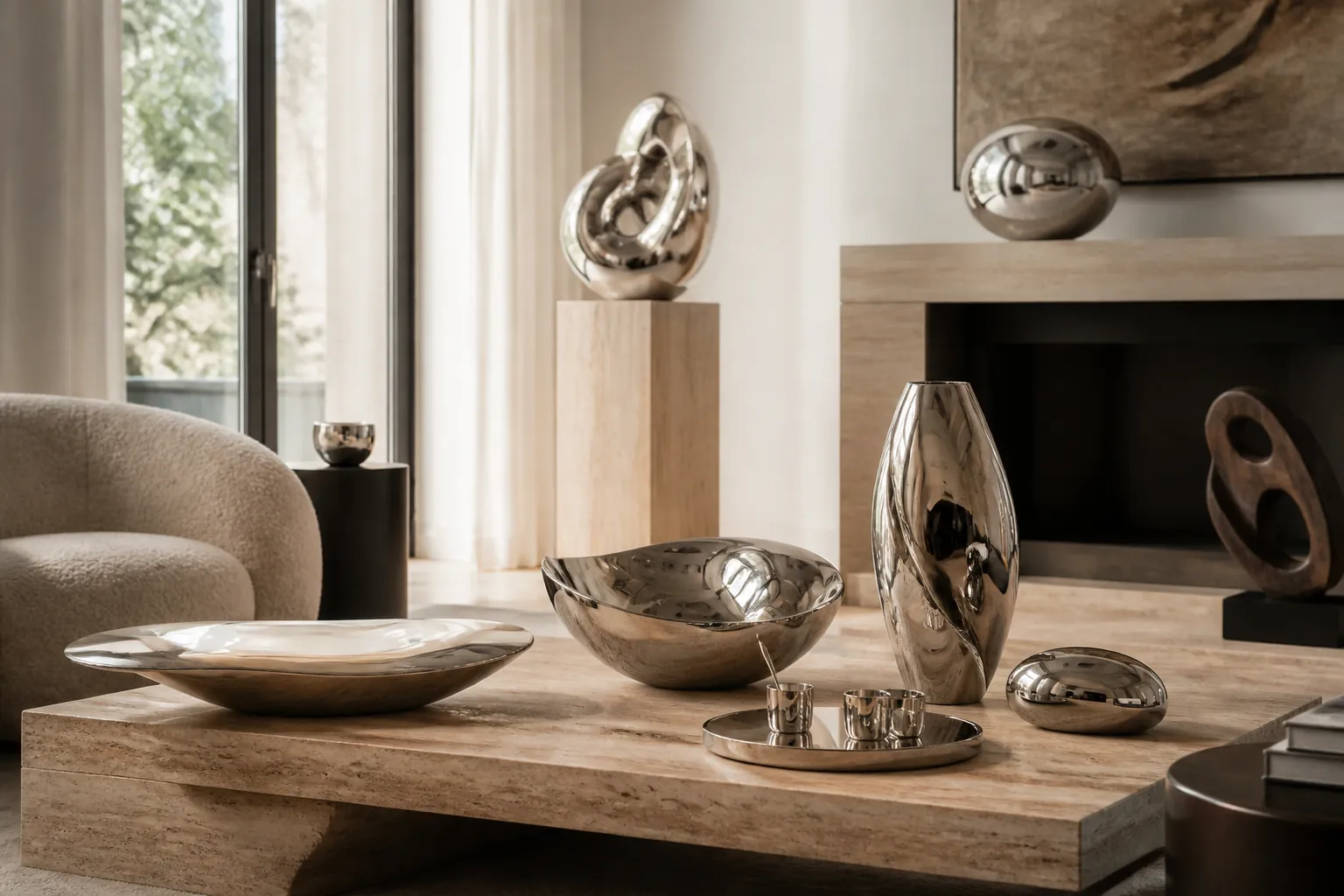 Sculptural objects in a gallery-like interior