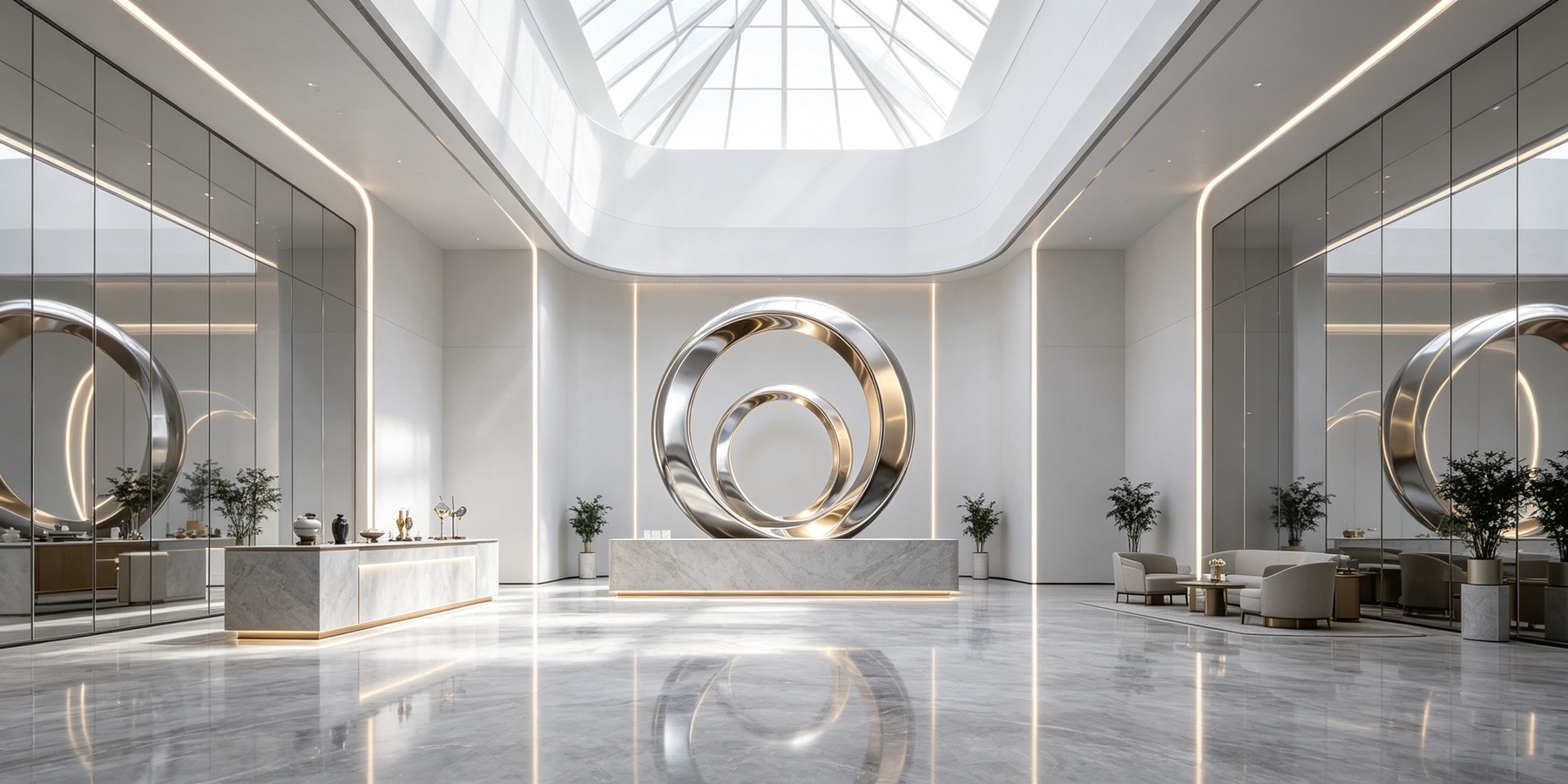 Modern stainless-steel art installation in a bright luxury interior