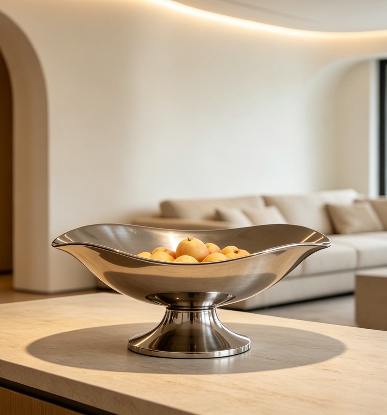 Sculptural metal bowl in a minimalist living space