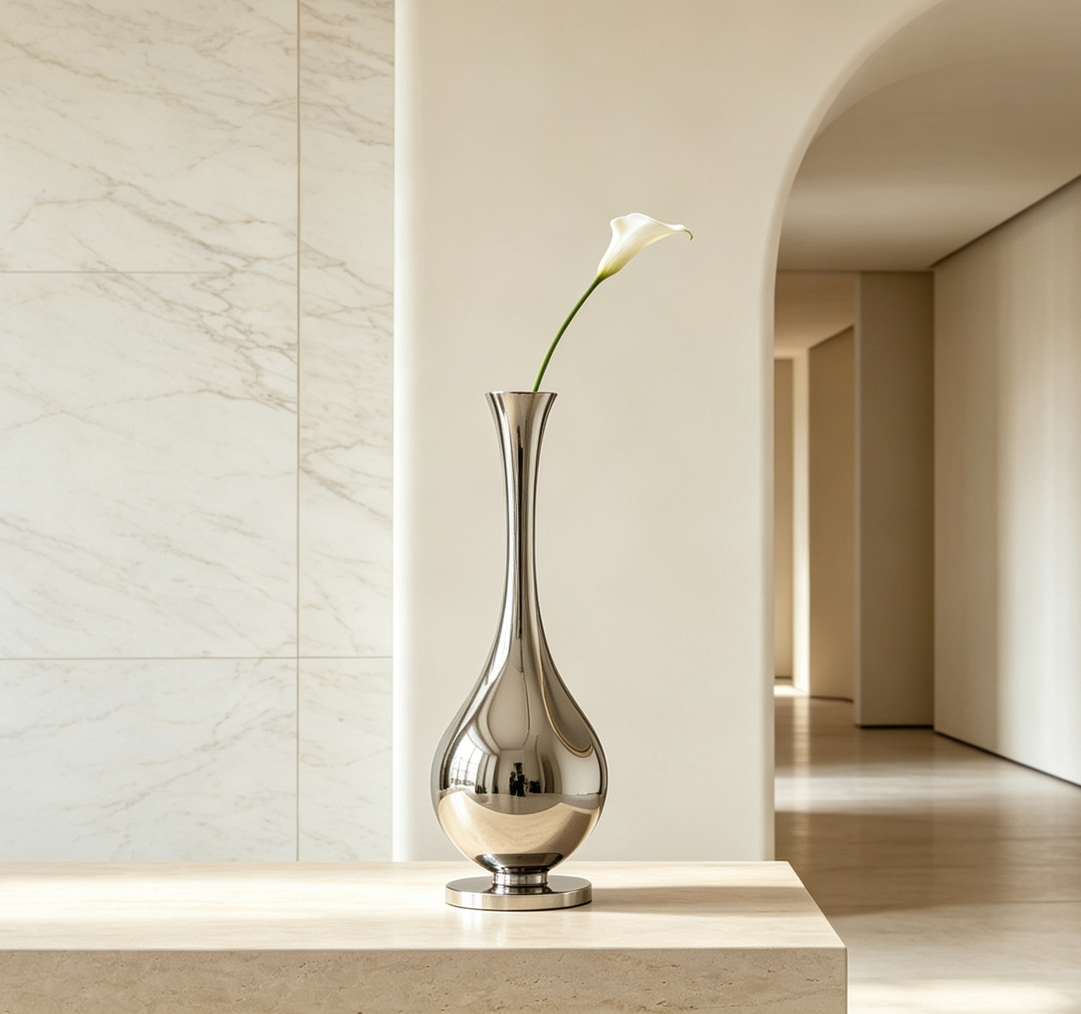 Stainless-steel vase in a light contemporary interior