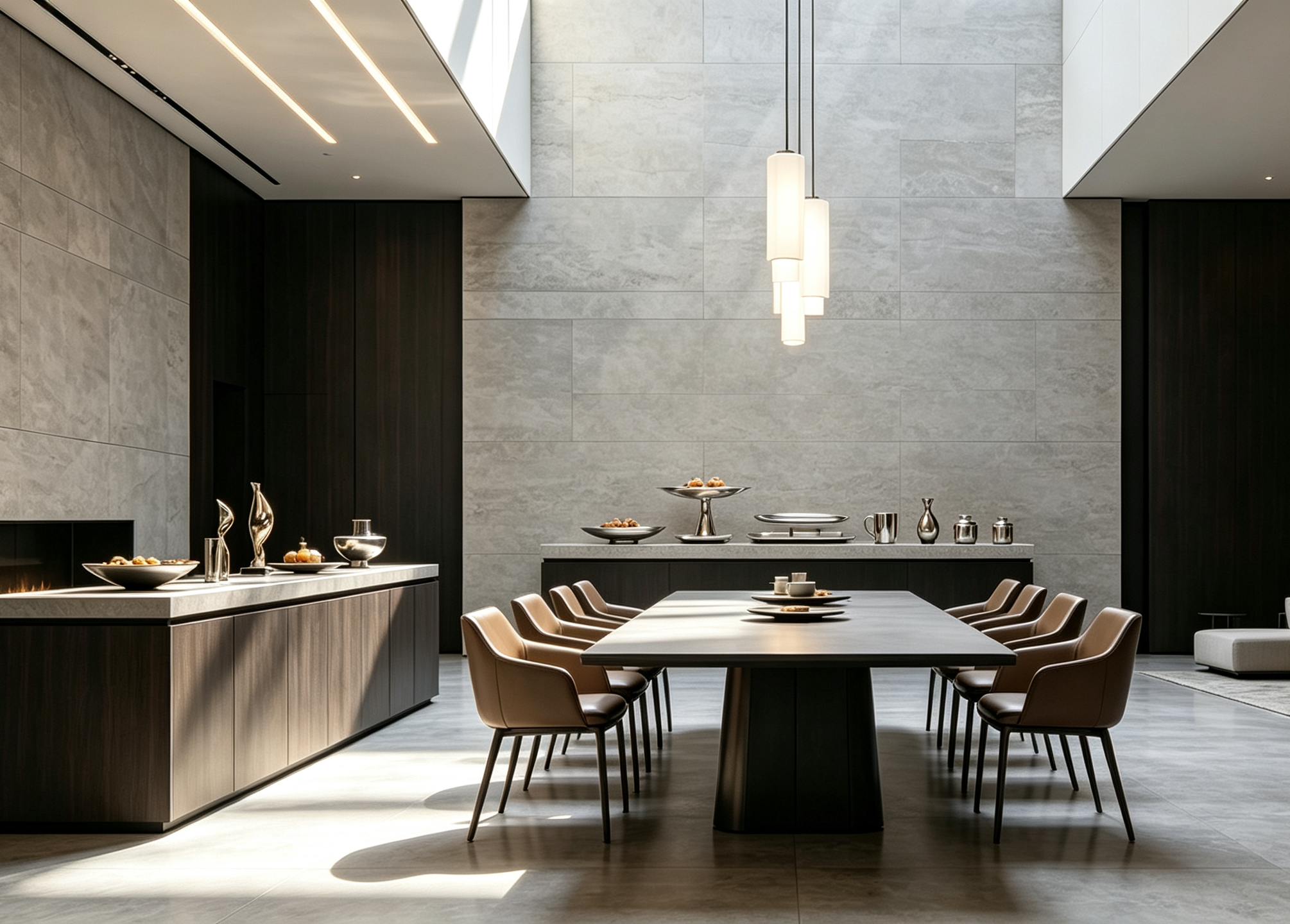 Stainless-steel art arranged in a modern dining space