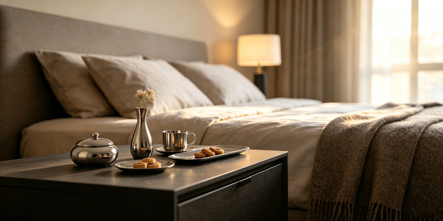 Stainless-steel art creating atmosphere in a modern bedroom