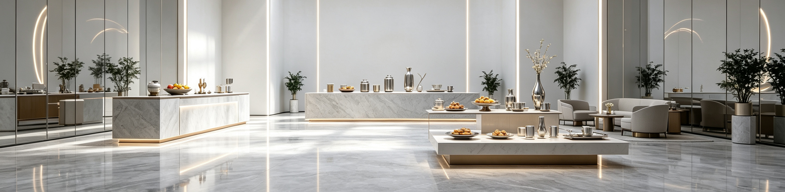 Wide contemporary interior featuring LOUISSANKA stainless-steel artworks