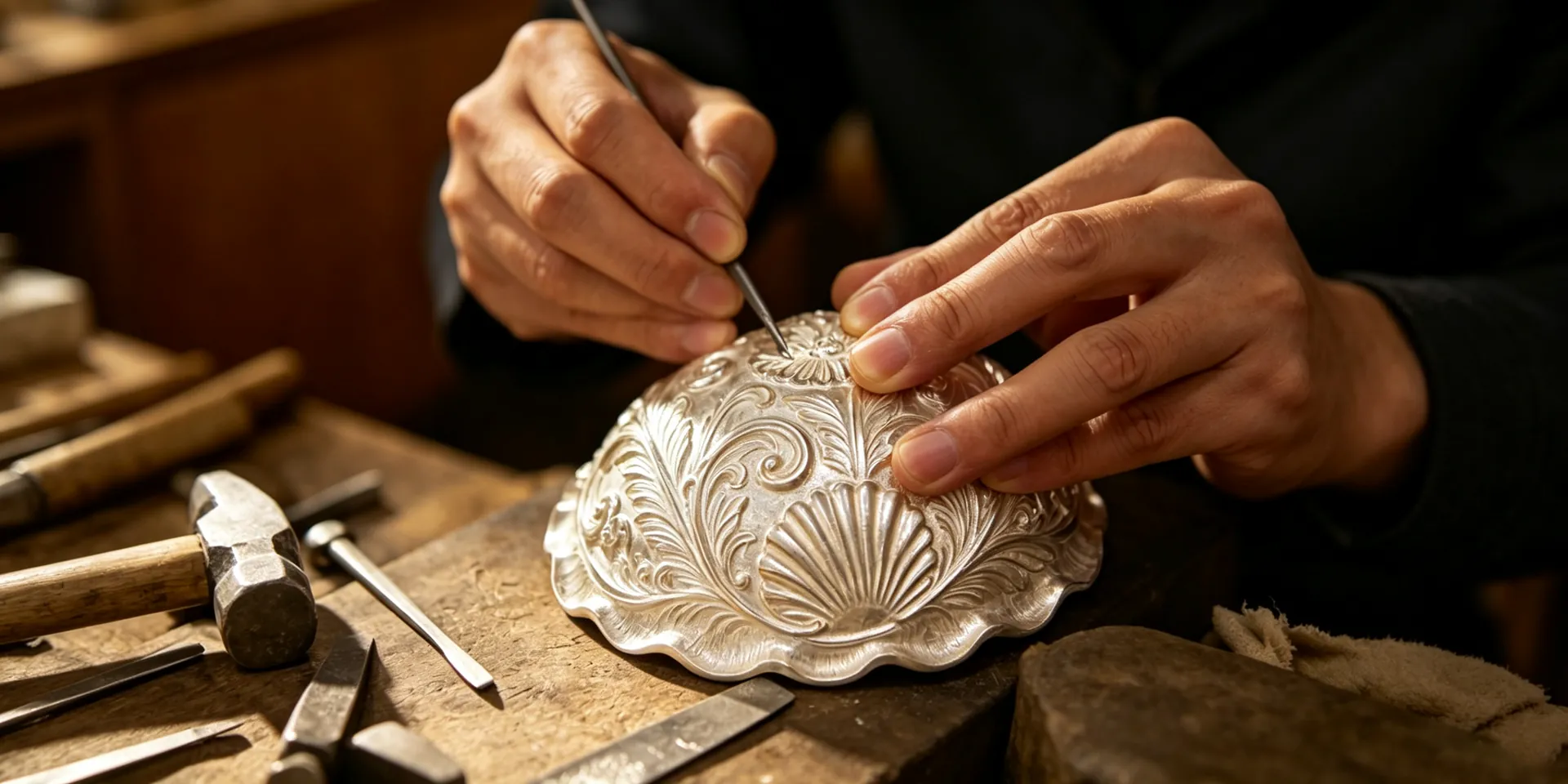 Classical European silverware craftsmanship with hand-polished scroll-leaf patterns