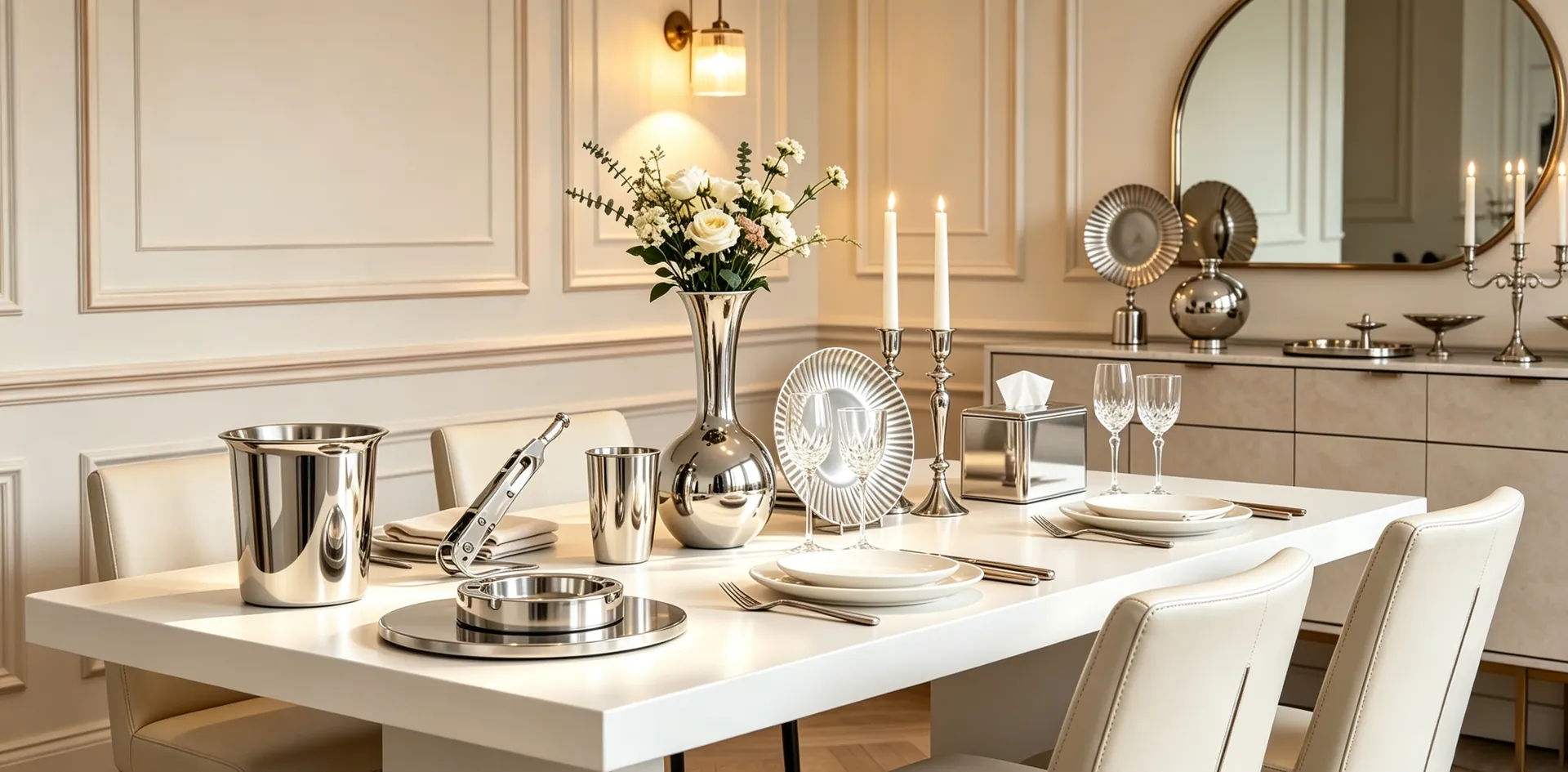 Stainless steel tableware arranged in an elegant dining setting