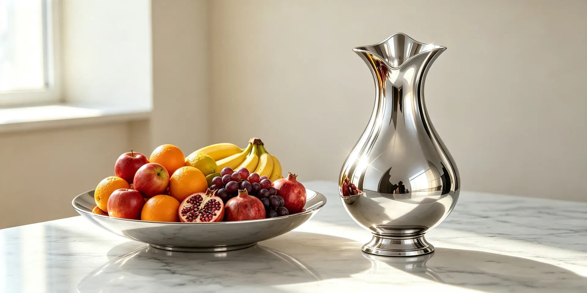 Stainless steel fruit bowl and pitcher on a marble surface