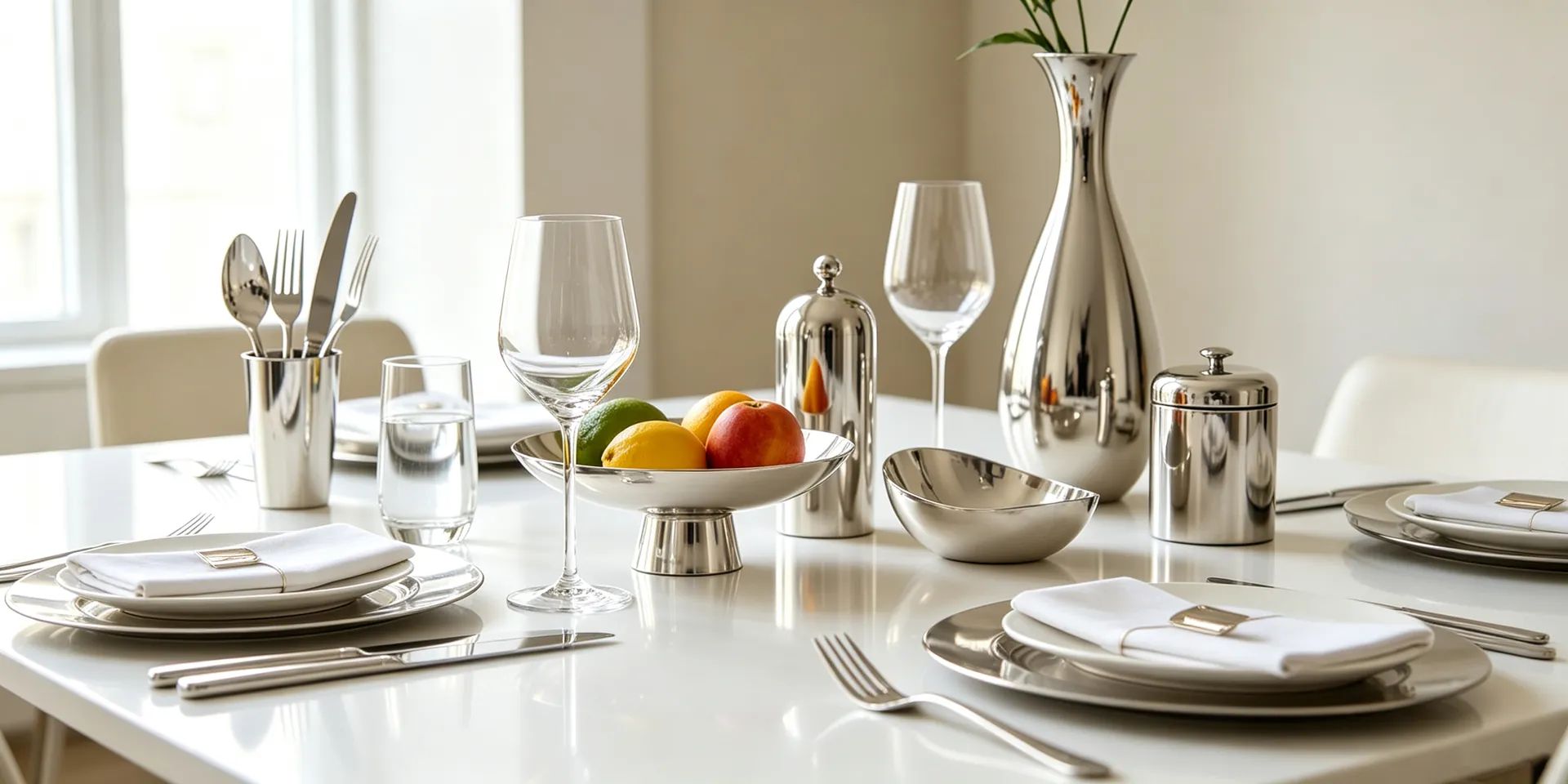 Stainless steel tableware set on a bright dining table
