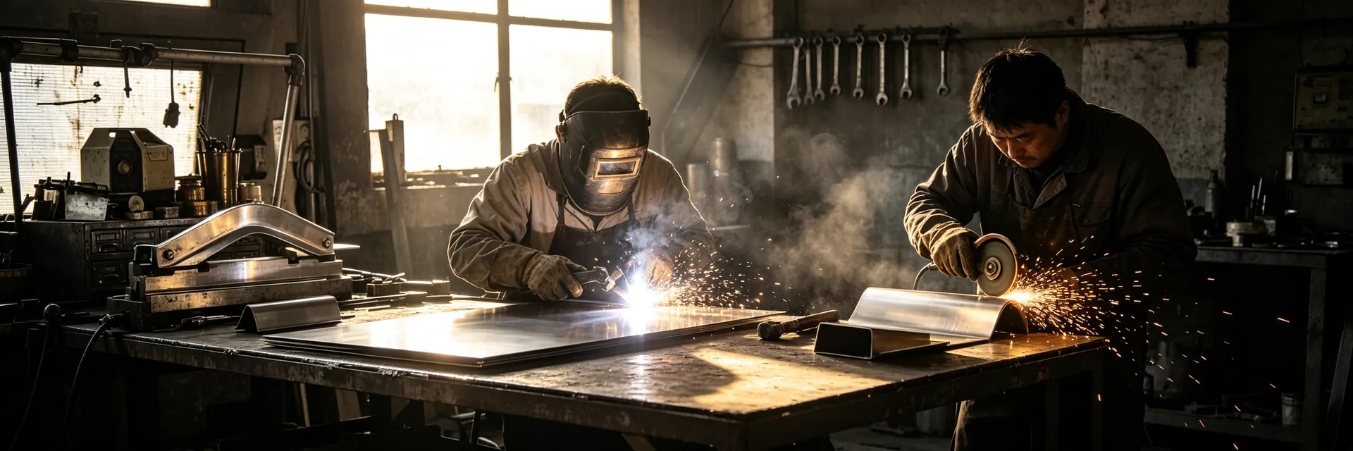 Artisans forging and polishing stainless steel in the workshop