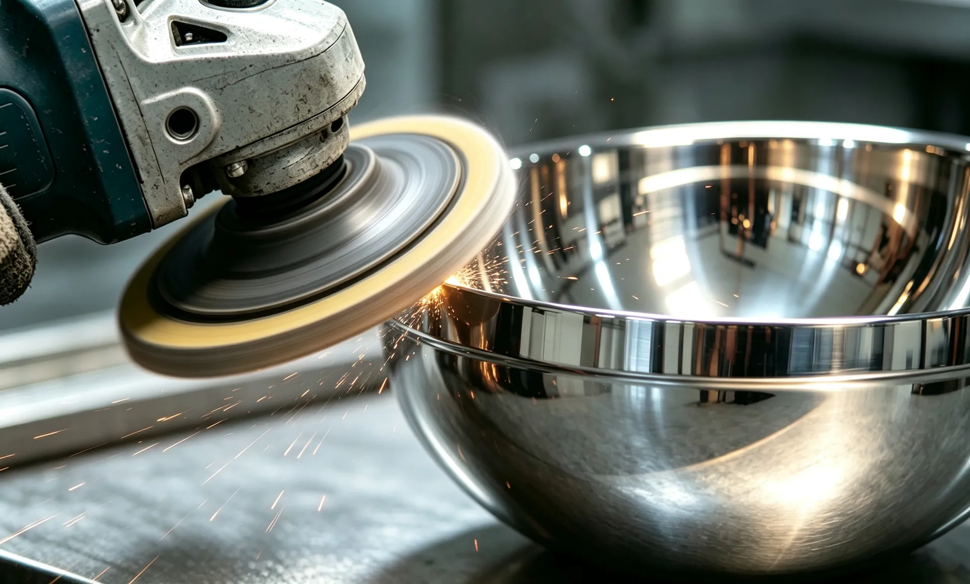 Artisan hand-polishing a stainless steel bowl with a buffing wheel