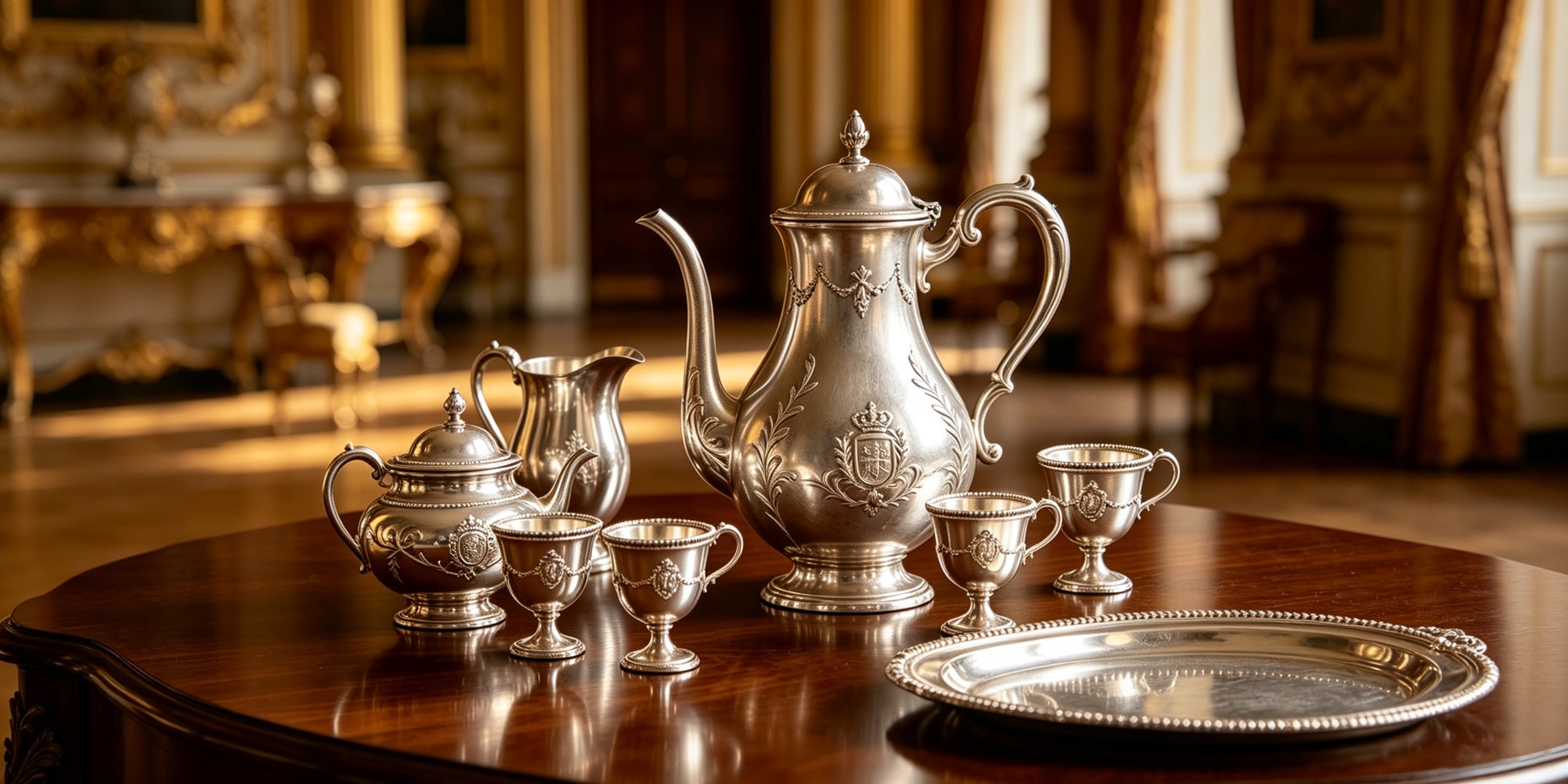 Silver tableware arranged in a European royal interior