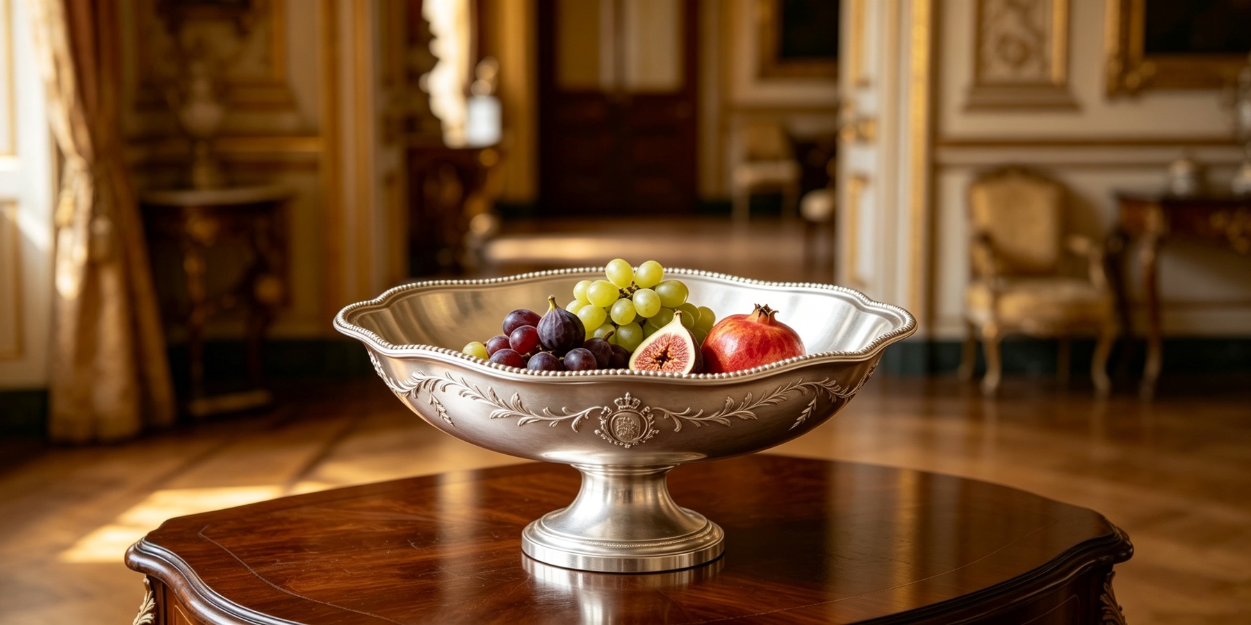 Silver fruit bowl and tableware in an elegant dining setting