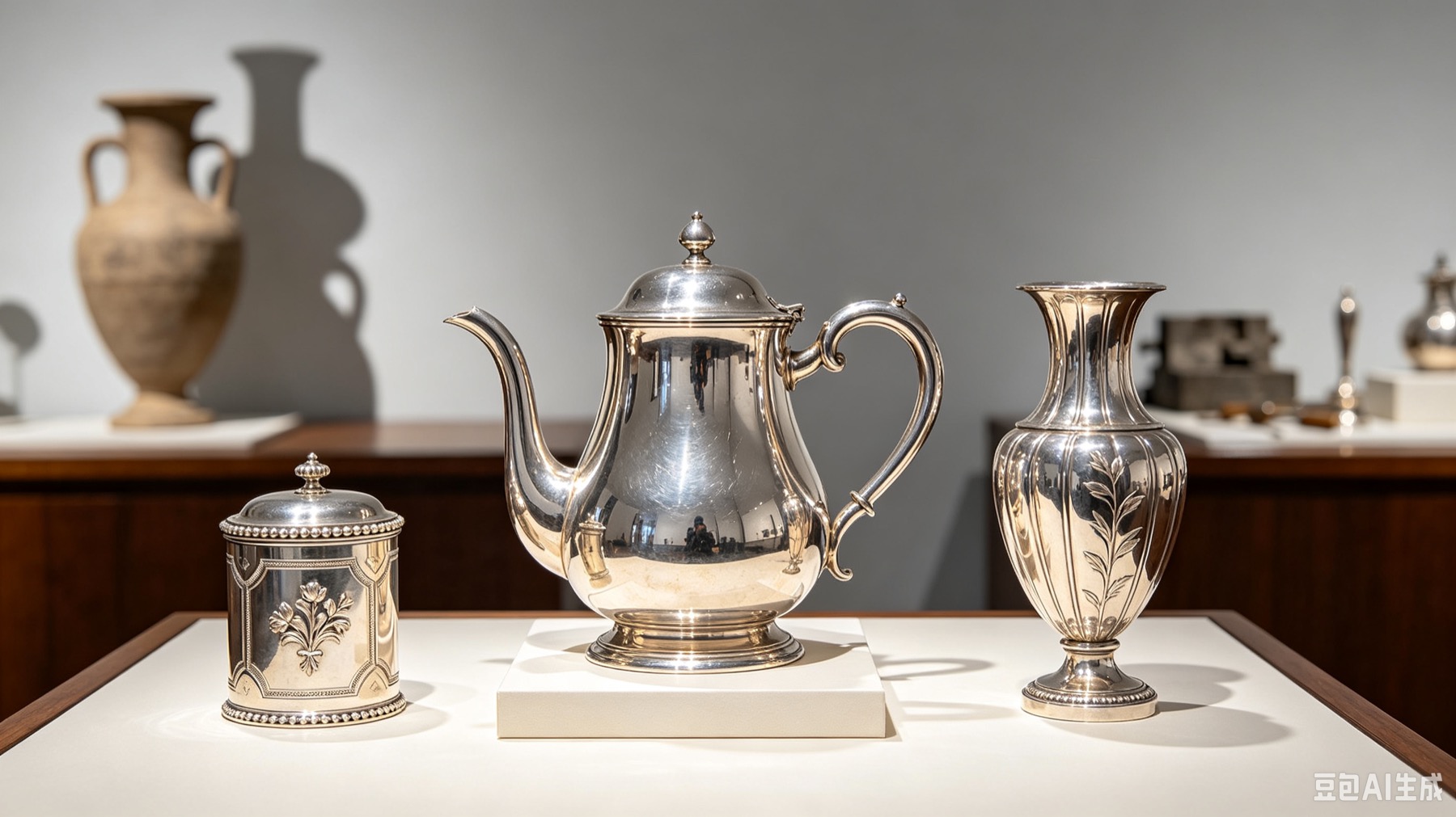 Silver objects styled in a contemporary gallery setting