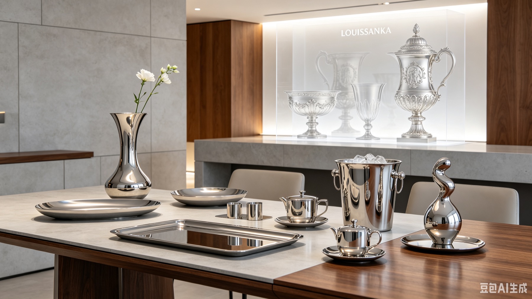 Silver-inspired metal objects integrated into a contemporary kitchen